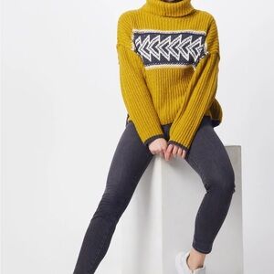 Free People Yellow and Black Patterned Turtleneck Sweater